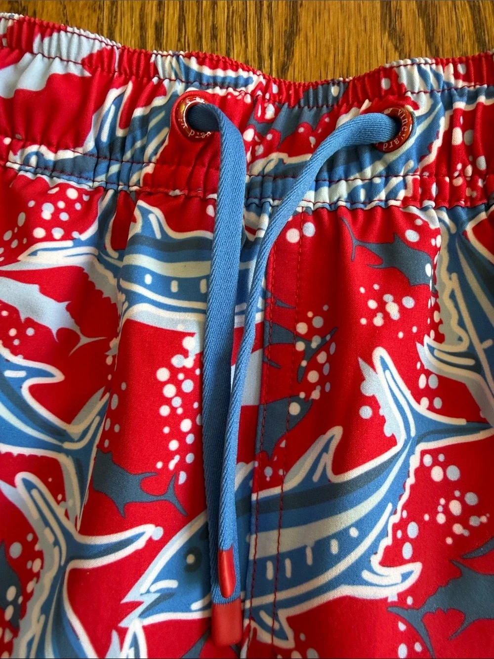 Vineyard Vines Kids Red Marlin Swim Trunks with Blue Accents